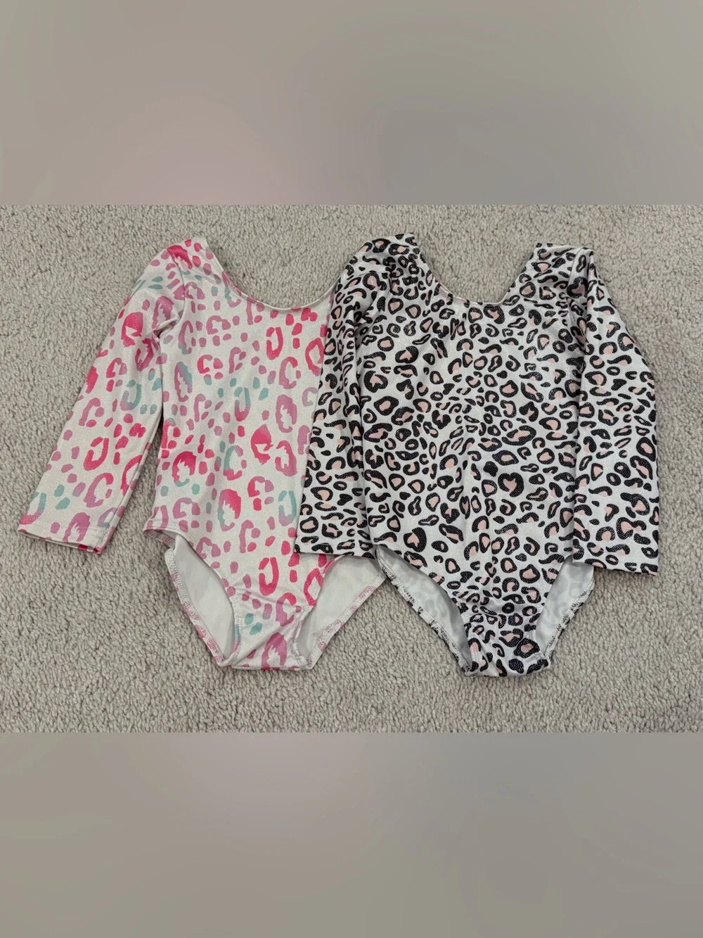 Girls' Long Sleeve Dance Leopard Print One-Piece Leotard- Pink & Black
